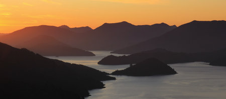 Sunset scene on the Queen Charlotte Track., Marlborough Sounds.の写真素材