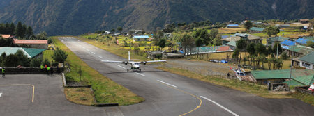 Arriving small plane, Lukla Airport, Nepal.の写真素材