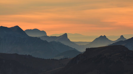 Dreamlike sunset scene in the Bernese Oberland, Switzerland.の写真素材