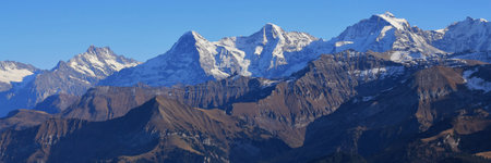 Famous mountain range Eiger, Monch and Jungfrau, Switzerland.の写真素材