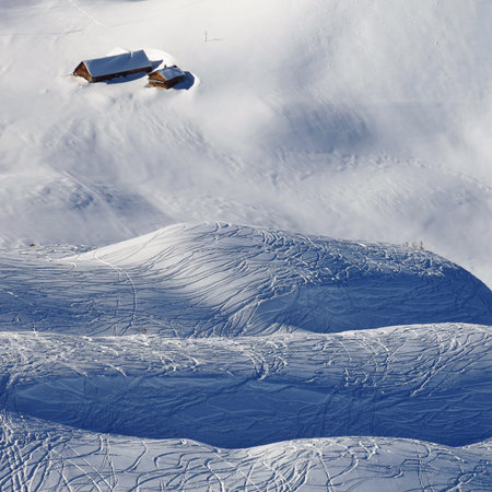 Winter scene in Stoos, tracks in the snow, Switzerland.の写真素材