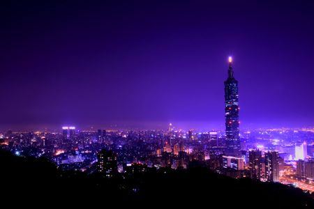 Romantic purple city night sceneの写真素材