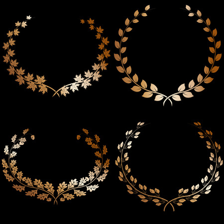 4 wreath of different kinds of leaves, filled with metallic color.のイラスト素材
