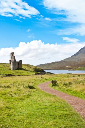 Scotland, Sutherland. Path to a ruiner of Scottish caste.の写真素材