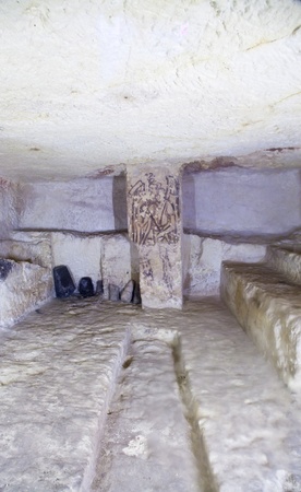Tarquinia, Italy, around 470 B.C. Via a narrow corridor leading downstair one has access to the rectangular burial room with a sloping ceilingのeditorial素材