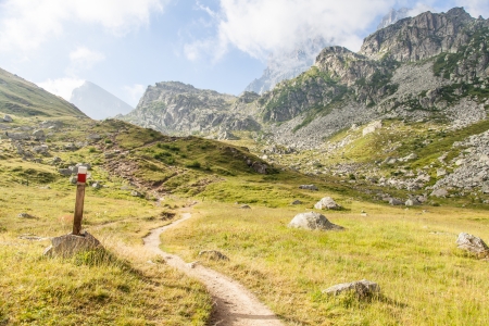 Italy, Monviso mountain. A path sign close to the top of one of the most scenic mountain of Alps.の写真素材