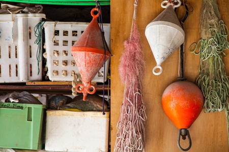 Detail of fisherman's nets and working tools at Lago Maggiore, Italyの写真素材