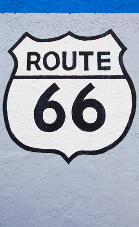Famous streetsight of Route 66 painted on a wall in Flagstaffの写真素材