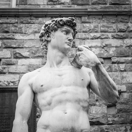 Florence, Italy. Michelangelo's David in front of Palazzo Vecchio.の写真素材