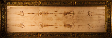 Detail of a copy of the Holy Shroud of Turin, Italyの写真素材