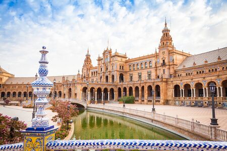 Spain, Seville. Spain Square, a landmark example of the Renaissance Revival style in Spanish...