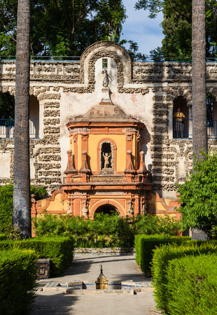 Spain, Andalusia Region. Detail of Alcazar Royal Palace garden in Seville.のeditorial素材