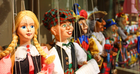 Traditional puppets made of wood. Shop in Prague - Czech Republic Traditional puppets made of wood. Shop in Prague - Czech Republic