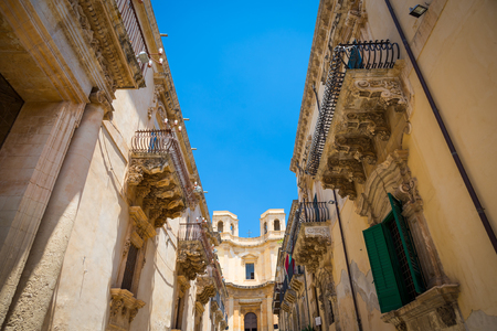 Noto town in Sicily, the Baroque Wonder Detail of Palazzo Nicolaci balcony, the maximum expression of the Sicilian Baroque style.のeditorial素材