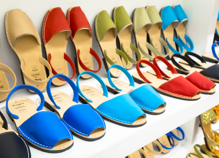 MENORCA, SPAIN - June 29, 2018: traditional Menorca sandals (named Avarca) in expositionのeditorial素材