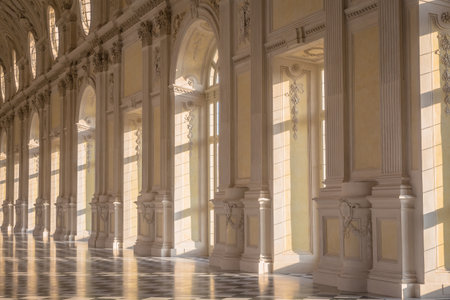 VENARIA REALE, ITALY - CIRCA SEPTEMBER 2020: luxury marble for this gallery interior. The Great Gallery is located in Reggia di Venaria Reale (Venaria Royal Palace)のeditorial素材