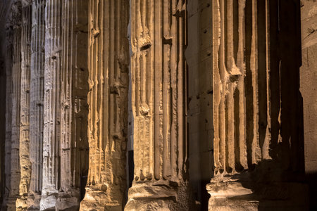 Rome, Italy. Detail of illuminated column architecture of Pantheon by night. Useful as archeology...
