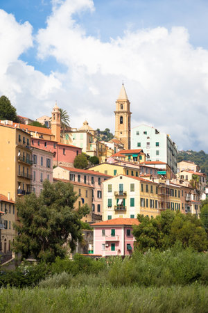 VENTIMIGLIA, ITALY - CIRCA AUGUST 2020: panarama of Ventimiglia old village in Liguria Region, sunny day with blue skyのeditorial素材