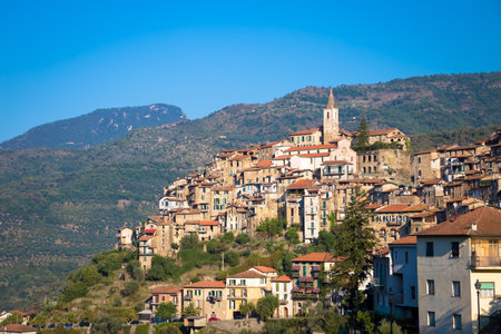 APRICALE, ITALY - CIRCA AUGUST 2020: traditional old village made of stones located in Italian Liguria region  with blue sky and copyspaceのeditorial素材