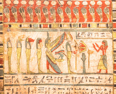 TURIN, ITALY - CIRCA MAY 2021: Egyptian archaeology. Ancient hieroglyphyc,  ca. 580 BC, with Isis...