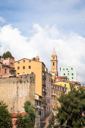 VENTIMIGLIA, ITALY - CIRCA AUGUST 2020: panarama of Ventimiglia old village in Liguria Region, sunny day with blue skyのeditorial素材