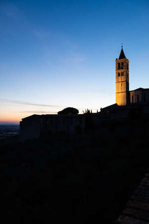 Church in Assisi village in Umbria region, Italy. The town is famous for the most important Italian St. Francis Basilica (Basilica di San Francesco)の写真素材