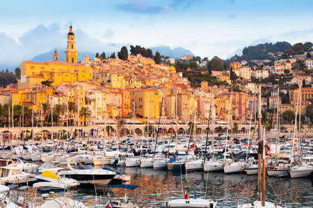 Menton, France - circa August 2021: view of the French Riviera, named the Coast Azur, located in the South of France. Sunrise light.のeditorial素材