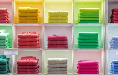 Polo t-shirt store interior. Shop shelves with  colored fashion cotton shirts.の写真素材
