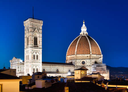 Florence Duomo and Campanile - Bell Tower - architecture illuminated by night, Italy. Urban scene in exterior - nobodyの写真素材