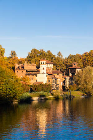 Turin, Italy - Circa November 2021: outdoors panorama with scenic Turin Valentino castle at sunrise in autumnのeditorial素材