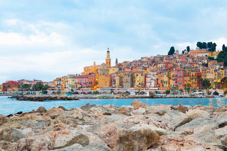 Menton, France - circa August 2021: view of the French Riviera, named the Coast Azur, located in the South of France. Sunrise light.のeditorial素材