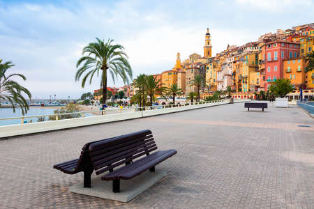 Menton, France - circa August 2021: view of the French Riviera, named the Coast Azur, located in the South of France. Sunrise light.のeditorial素材