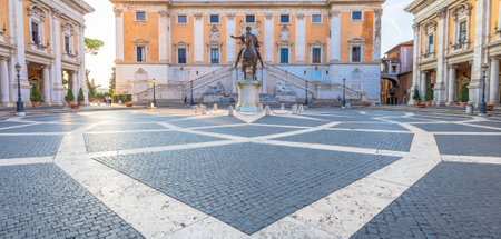 ROME, ITALY - CIRCA AUGUST 2020: Capitolium Square (Piazza del Campidoglio). Made by Michelangelo, it is home of Rome (Roma) City Hall. Sunrise light, before turist arrival.のeditorial素材