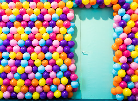 Door room with colorful balloons - concept of celebration, party, happy birthdayのeditorial素材