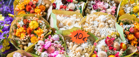 Vintage flowers market on public street - retro cottagecore styleのeditorial素材