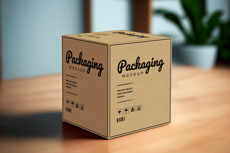 Product cubic box mockup - Realistic brown carton package with copy spaceのeditorial素材