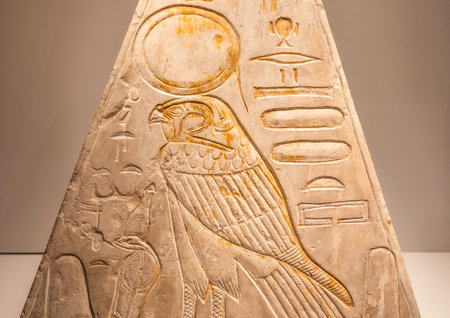 Turin, Italy - March 2023: Egyptian Museum, Pyramidion with Horus falcon - 1279 BCのeditorial素材