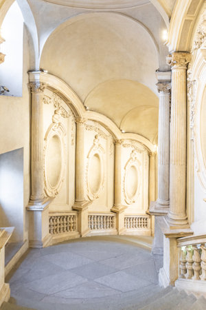 Turin, Italy - Circa January 2022: luxury marble staircase. Antique architecture interior design