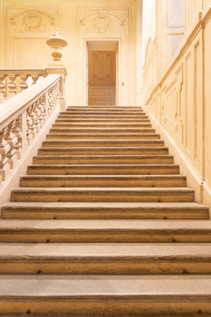 Turin, Italy - April, 2023: luxury baroque staircase, elegant vintage interiorのeditorial素材