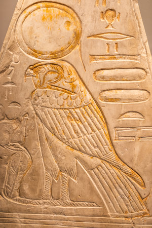 Turin, Italy - March 2023: Egyptian Museum, Pyramidion with Horus falcon - 1279 BCのeditorial素材