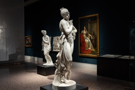 Bassano del Grappa, Italy - December 2022: Dancer with finger on her chin, by Antonio Canova, 1814. Classic statue, Roman beautyのeditorial素材