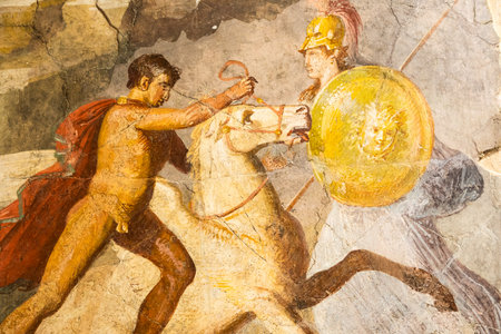 Italy, Pompeii - Roman house interior, antique fresco decoration, ancient wall painting