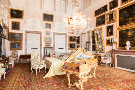 Isola Bella, Italy - 1 August 2023: Luxury old concert hall with vintage piano. Retro organ,...