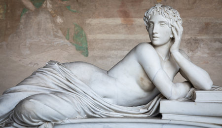 Pisa, Italy - 29 June 2023: sad statue in cemetery. Vintage white marble sculpture, woman sorrowのeditorial素材