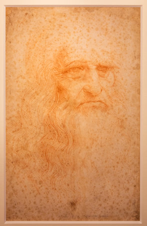 Turin, Italy - April, 2023: original Leonardo da Vinci portrait on handmade cotton paper, Royal Libraryのeditorial素材