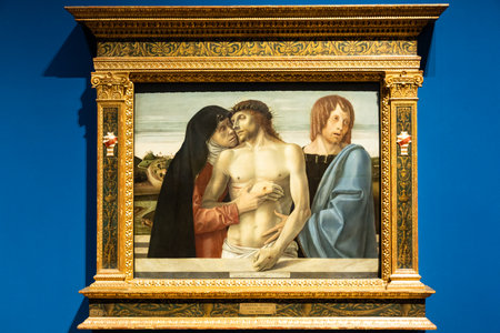 Milan, Italy - 23 September 2023: Brera antique painting museum. The pity, PietÃ , by Giovanni Bellini, 1460のeditorial素材