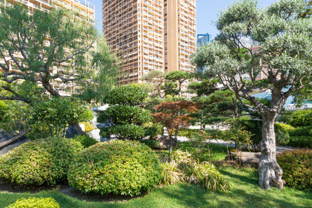 Monte Carlo - August 2022: Japanese garden with the city in the backgroundのeditorial素材