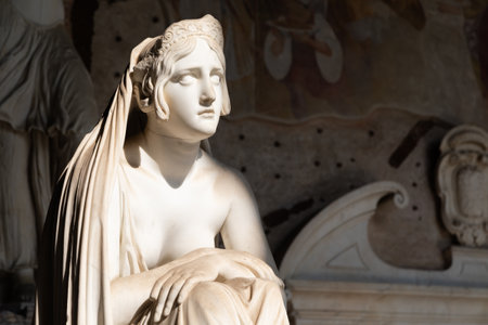 Pisa, Italy - June 2023: catholic cemetery, antique statue of sad woman, by Lorenzo Bartolini, 1841のeditorial素材