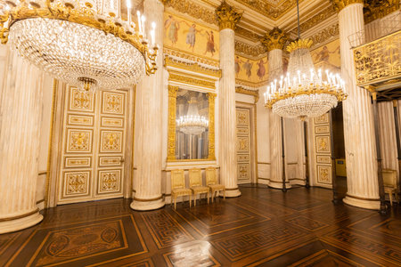 Turin, Italy - April, 2023: Royal Palace Ballroom. Luxury elegant ancient interior, circa 1860のeditorial素材