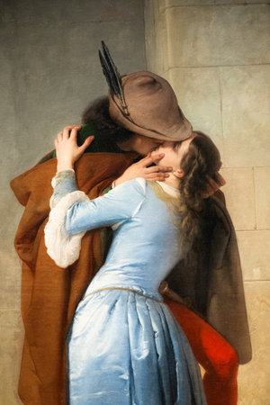 Milan, Italy - 23 September 2023: Brera antique painting museum. The Kiss - by Francesco Hayez, 1859